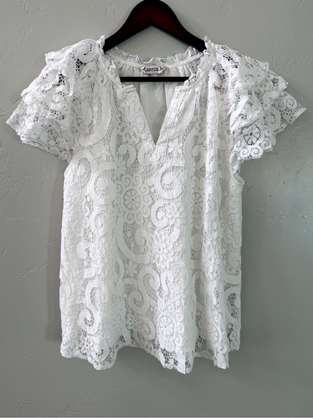 Nanette Lepore White Lace Resort Flutter Sleeve Blouse L - Picture 3 of 11